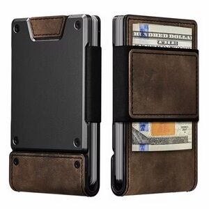 (NEW) MENS CARD HOLDER CASH STRAP MINIMALIST PULL TAB WALLET (BROWN LEATHER)